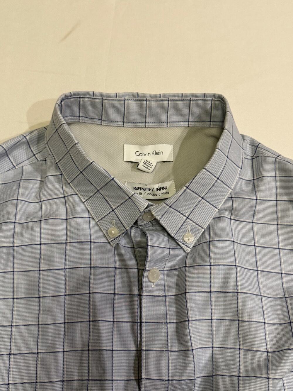Calvin Klein Men’s L Slim Fit Button Up Shirt Blue Check Windowpane Long Sleeve
